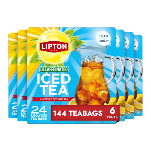 Image of Lipton Decaf Black Iced Tea Bags, Family Size, 144 Count | Makes 1 Qt. of Decaffeinated, Zero Calorie, Rainforest Alliance Certified Premium tea for Hot or Iced Tea (24 Ct. - 6-Pack)