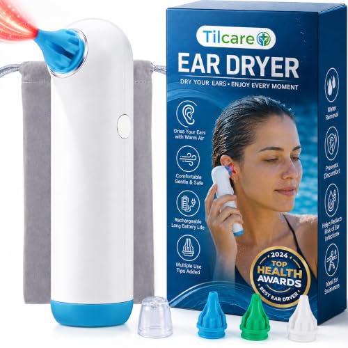 Electric Ear Dryer for Swimmers Ear by Tilcare - Rechargeable Ear Drying Water Remover for Swimming Showering and Hearing Aids - Comes with 3 Ear Drying Tips & Carrying Pouch