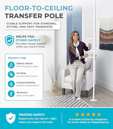 Image of Stander Double Handle Non-Rotating Floor to Ceiling Grab Bar, No-Drill Tension Mounted Transfer Pole for Seniors, Bath Safety & Bedside Assist Rail for Home Standing Support & Fall Prevention, White