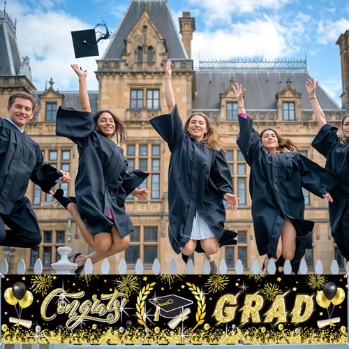 Image of Graduation Decorations, Graduation Banner 2026, Black and Gold Banner, Large Class of 2026 Party Decoration Congrat Grad Backdrop Yard Sign for Senior Commencement Indoor Outdoor Wall Yard 300 * 50cm