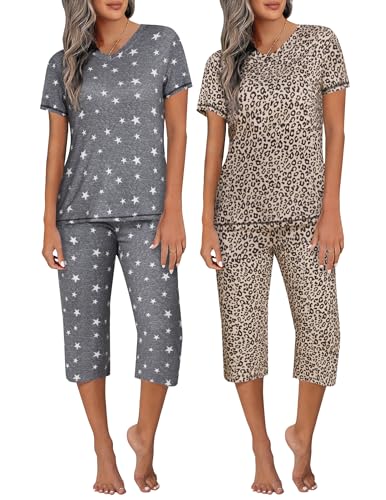 Ekouaer 2 Pack Women's Pajama Sets Short Sleeve Two-Piece Pjs V Neck Tops & Capri Pants Printed Lounge Sets S-3XL