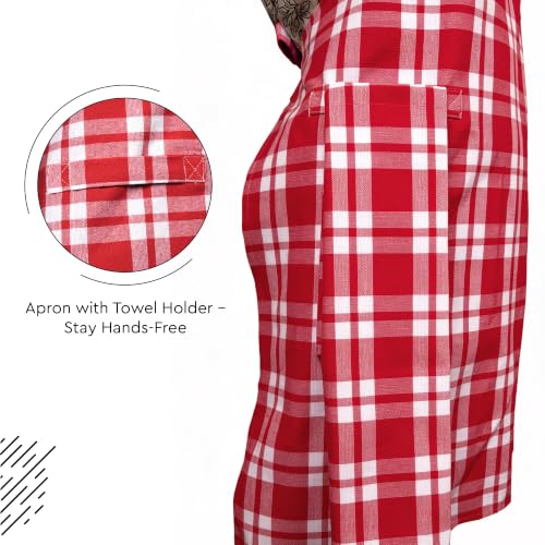 Image of Encasa XO Cotton Cooking kitchen Apron for Women and Men chef apron With adjustable neckstrap, Pocket & Towel Holder for Easy cooking, Baking, BBQ, Gardening- Franca Red Checks, 68x85 cm
