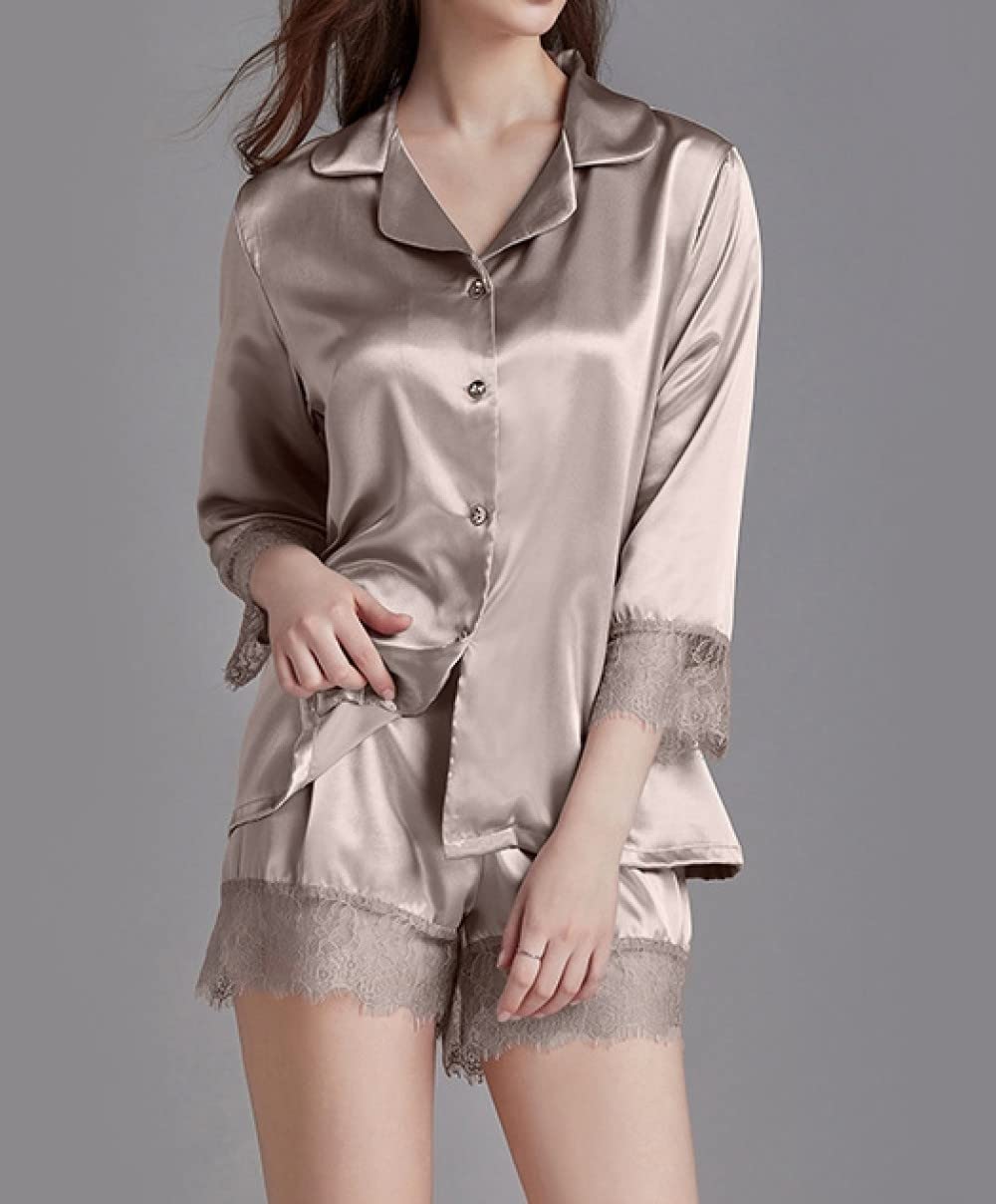 Pijama De Mujer Manga Corta,Khaki Lapel Cutout Cuffs Pijama De Manga Corta Para Mujer Conjunto De 2 Piezas Pijama Suave Y Cómodo Para Mujer Ropa De Descanso Regalo Del Día De La Madre Para Esposa,