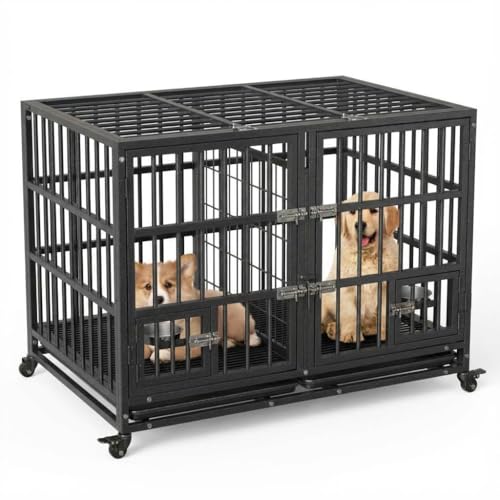 42 Inch Heavy Duty Dog Crate with Divider, Indoor Dog Kennel with Lockable Wheels and Removable...