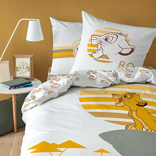 CTI Le Roi Lion Prince Enfant Parure de Lit 140x200 cm | 100% Coton | Oeko-TEX | Housse de Couette Garçon 1 Personne 140x200 cm + 1 Taie d'oreiller 63x63 cm Imprimées Réversibles | Blanc, Jaune