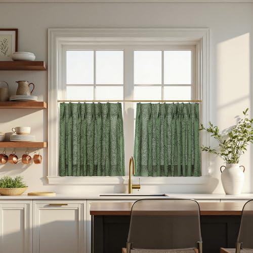 Image of TWOPAGES Pinch Pleat Leaf Print Cafe Curtains, Moss, 52W x 30L