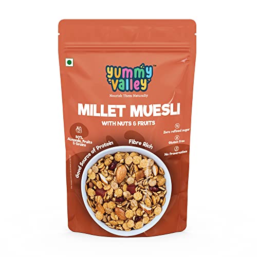 Image of Yummy Valley Millet Muesli Fruit, Nut & Seed- 250g | 3.73g High Protein Muesli with High Fibre, 80% Multigrain with Sorghum & Almonds | No Refined Sugar | Jaggery Sweetened Breakfast Food for Adults