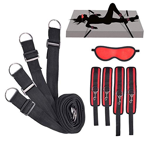 Ankle Handcuffs with Restraint Straps Rope for Couples Sex and Bed Restraints Kit Under Bed Bondage Eye Mask Blindfolds Soft Wrist -RED22