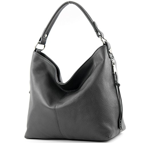 modamoda de T160 Damen Leder Schultertasche Henkeltasche Large handmade in Italy, Farbe:Anthrazitgrau2021