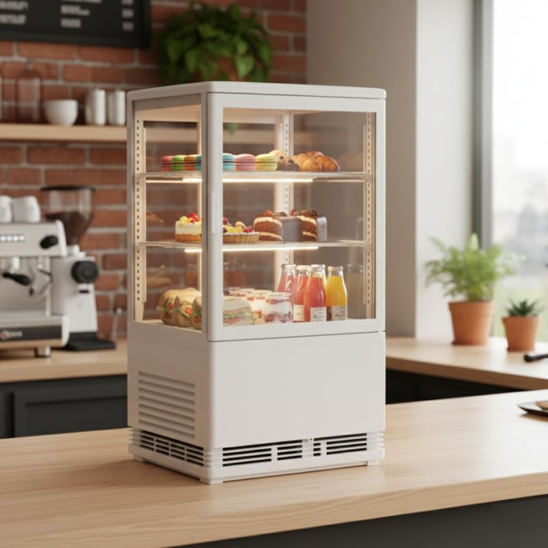 Genérico Mini Vitrina Refrigerada 58L - Blanco - 4 Caras Acristaladas - Frío Ventilado 0 a +12°C - Iluminación LED - Compacta y Elegante