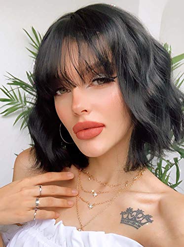 aSulis Wavy Bob Wigs With Bangs Synthetic Black Curly Bob Wig Heat Resistant Fiber Wigs for Women (Black)