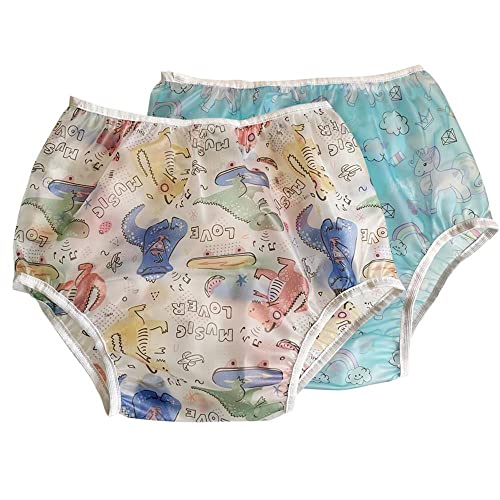 Lot de 2 culottes réutilisables lavables et imperméables pour patients, personnes âgées, adultes hommes et femmes (bleu et dinosaures, M)