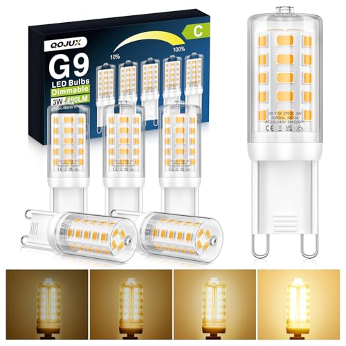 QOJUX G9 LED Warmweiß Dimmbar, 3W 480LM Energieeffizienzklasse C LED Leuchtmittel Ersatz für 40W 50W Halogenlampe, 2700K G9 Glühbirne Kein Flackern, AC 220-240V, Enegiesparende Kleine Lampe 5 Stück