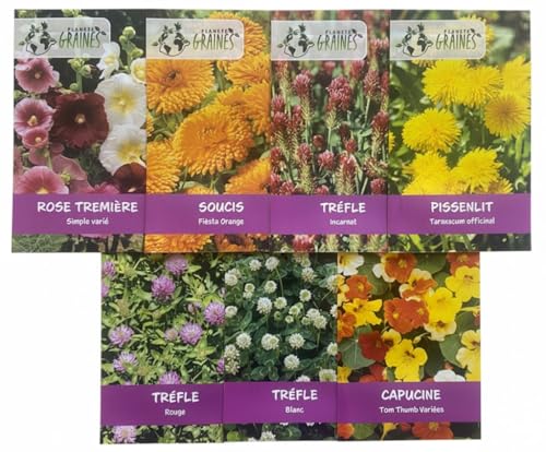 Lot de 7 sachets de graines pour Tortue terrestre : Pissenlit - trèfles Rouge, Blanc et incarnat - Souci - Capucine - Rose Trémière - Alimentation Naturelle et...