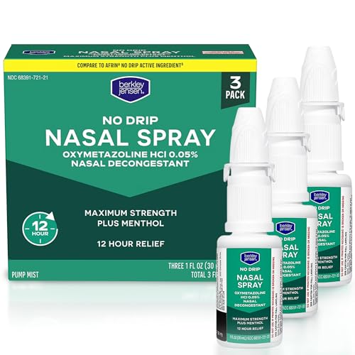 Berkley Jensen No Drip Severe Congestion Nasal Spray - Maximum Strength Decongestant with Oxymetazoline HCl & Menthol - Pump Mist Applicator, No Steroid, 12 Hour Relief, 1 Fl Oz (Pack of 3)