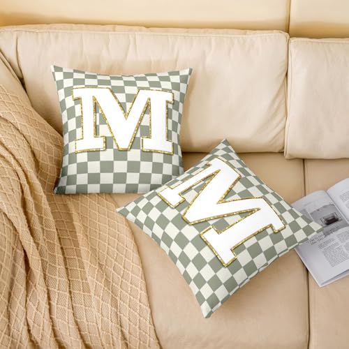 Image of Erosebridal Sage Green Checkered Throw Pillow Covers 18x18 Set of 2 Plaid Initial M Cushion Cover Personalized Monogram Throw Pillow Case for Bed Couch Sofa Fashion Grids Gingham Home Decor