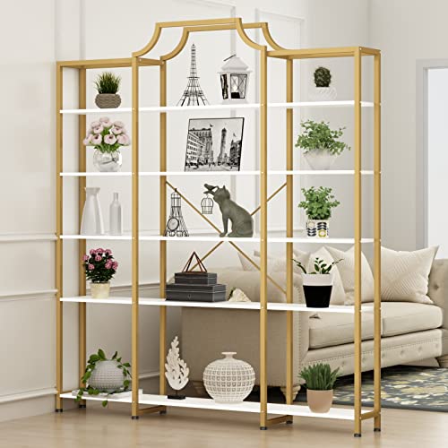 Auromie Triple Wide 5-Tier Bookshelf, 70.87" L X 79.13" H Extra Large Gold Bookcase, Tall Display Shelf With Metal Frame, Freestanding Etagere Storage Display Shelf For Home Office, White Gold #TOP2