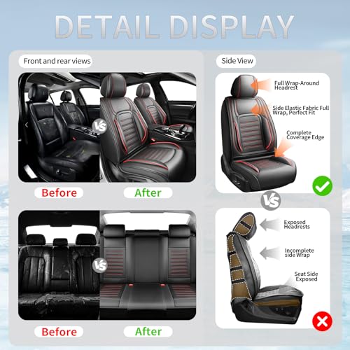Image of Premium Leather Car Seat Covers Compatible with Chevy Equinox 2011-2025 2026, Breathable, Wear Resistant, Airbag Compatible, All-Weather Protection & Full Coverage, 2 Front Seat Red Line Black