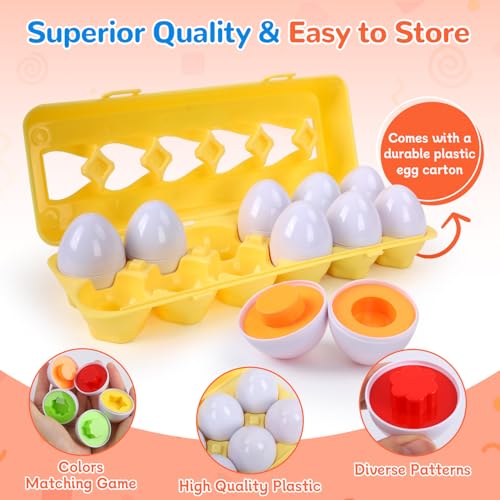 Image of USATDD Matching Eggs for Toddlers Montessori Geometric Eggs Color & Shape Recognition Toy, Fine Motor Skills Shape Sorter Puzzle, Easter Eggs Toys Gifts for Kids, Easter Basket Stuffers