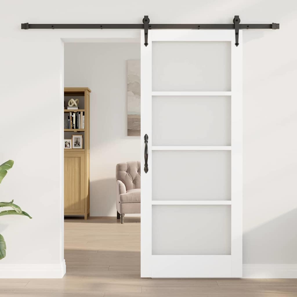 Mangloder - Porta scorrevole Orkdal bianca, 83 x 202 cm, in legno massello di pino e vetro, con guida scorrevole e ruote, per interni, corridoio moderno, ingresso, funzionalità