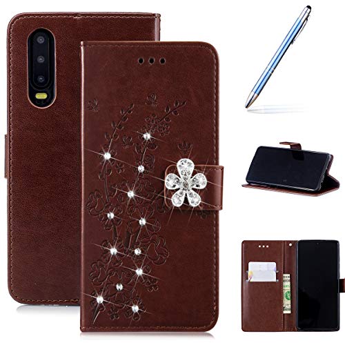 Robinsoni Case Compatible with Huawei P30 PU Leather Case Wallet Case Sparkle Bling Cover Glitter Notebook Magnetic Flip Stand Cover Cash Pouch Folio Gel Bumper Protective Shell, Brown