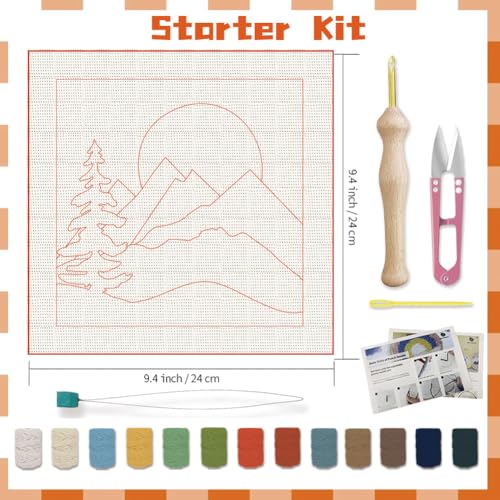 Image of BEUNITONE 2 Sets Camping Punch Needle Kit for Beginners Scenery Theme Punch Embroidery Kits with Frame Instructions Embroidery Starter Kits with Art Night Pattern for Wall Painting 9.4'' x 9.4''