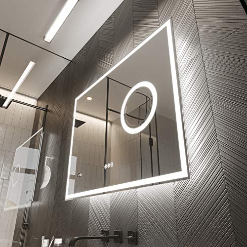 PetusHouse 48 X 36 Inch LED Lighted Smart Bathroom Mirror, Bluetooth Speaker and 5.5 Inch 3X Lighted Magnifier, Wall Mounted White Light Backlit Dimmable Anti-Fog Time Display CRI>90, Horizontally