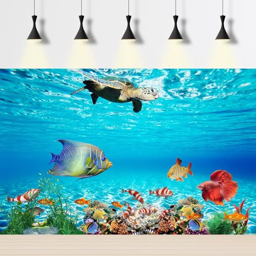 Image of Underwater World Aquarium Background Sea Turtle Tropical Fish Terrarium Background Under The Sea Colorful Coral Aquatic Plants Fish Tank Backdrop Deep Blue Sea with Sunbeams Backgrounds 36x18in