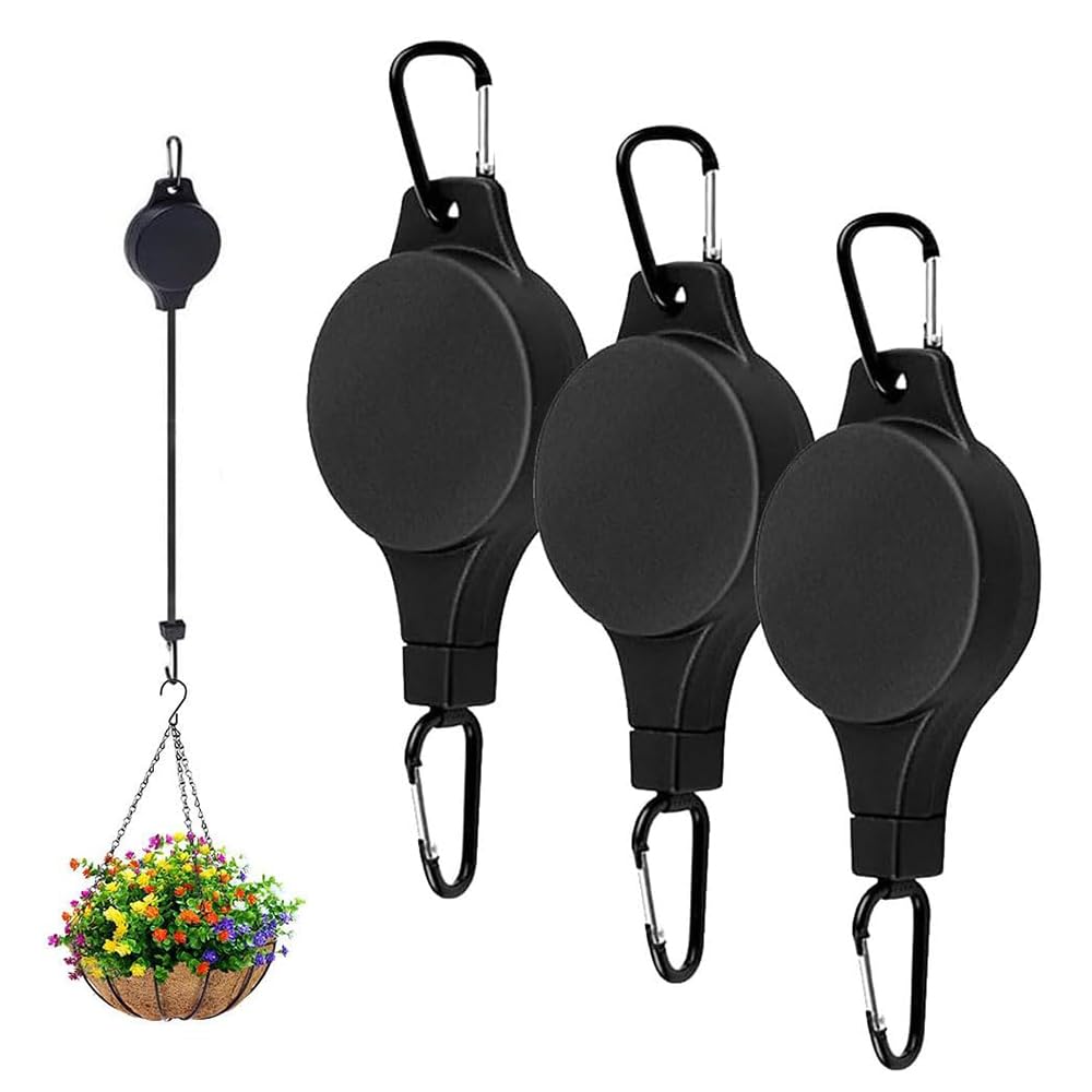 Kouamor 3Pcs Hanging Basket Pulley, Plant Hangers Outdoor, Adjustable Retractable Heavy Duty Plant Hanger Hook, Adjustable Pull Down Gravity Hook, For Hanging Plants Easy Watering & Maintenance (3Pcs)