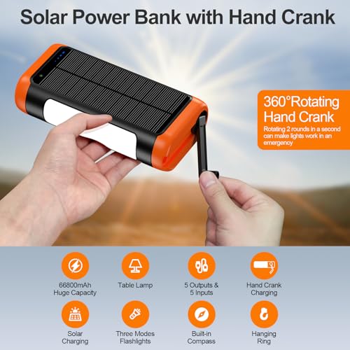 DJKK Solar Power Bank Portable Charger:66800mAh Built in Hand Crank and 3 Cables 22.5W Fast Charging Phone External Battery Pack(5 Outputs & 5 Inputs) with Camping Flashlights/Table Lamp/Compass - Image 3