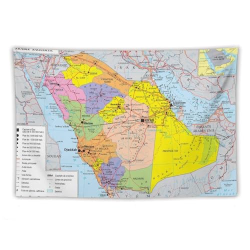Tapisseries avec motifs de carte du monde d'Arabie Saoudite - Affiches murales en tissu - Tableaux de décoration murale - Peintures - Tapisseries artistiques pour la chambre et le salon - 102x152 cm
