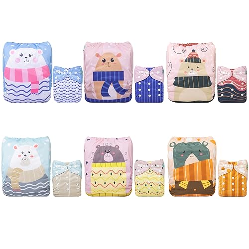Image of ALVABABY Baby Cloth Diaper 6 Pack with 12 Inserts One Size Cloth Diaper Covers Adjustable Washable Reusable for Baby Girls and Boys