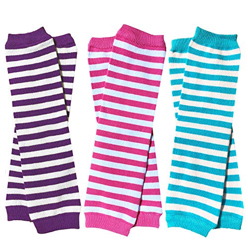 juDanzy 3 Pairs of Girl Stripes Leg Warmers for Babies, Toddlers and Child in Hot Pink, Purple and Turquoise