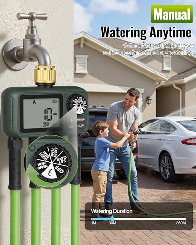 Image of 4-Zone Automatic Water Timer, 4 Plastic Outlets, Garden Hose Faucet Timer with Auto /Manual /Rain Delay Watering, for Garden, Yard, Lawn, Dark Green F14WT06