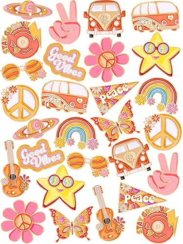 Image of JUNEBRUSHS 28pcs Hippie Enamel Brooch Pins Groovy Retro Butterfly Daisy Flower Ribbon Lapel Pins for Women Girl Clothes Bags Groovy Hippie 60s 70s Party Decorations Accessories