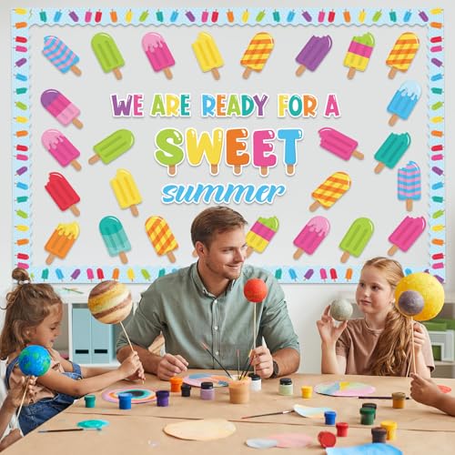 Image of HIQINLUG Summer Bulletin Board Decorations Set Summer Classroom Decoration Colorful Ice Pop Classroom Decor Ice Cream Lolly Bulletin Board Paper Cutouts For Wall Office Decor