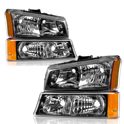 Image of Headlights Assembly for 2003 2004 2005 2006 Chevy Silverado 1500 2500, 03-06 Avalanche (Non Body Cladding Models) Headlamp with Bumper Lights, Black Housing Amber Side