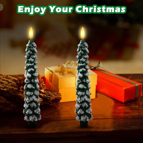 Image of Flameless Christmas Tree Candles with Remote - 2 Pack LED Snowy Tree Battery Operated Candles, Realistic Flickering Flame, Safe Holiday Home Decor for Christmas Decorations & Gifts