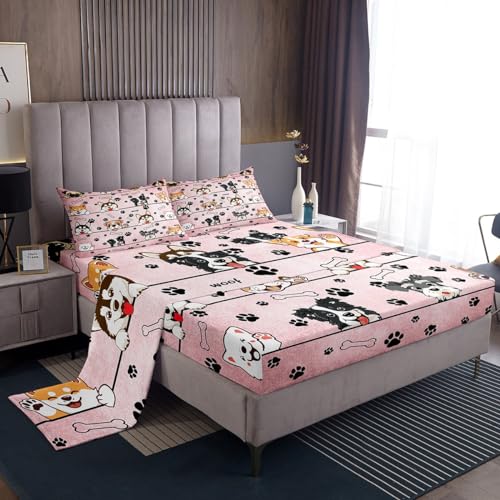 Linge de lit rose 4 pièces avec taies d'oreiller motif chien - 4