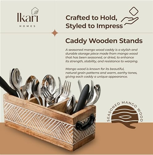 Image of Ikari Homes Wooden Cutlery Holder With Antique Carving Geometric Pattern I Cutlery Stand For Spoon /Fork /Tissues I Premium Cutlery Stand For Dining Table I 10 In X 4 In X 4 In With Handles, Brown