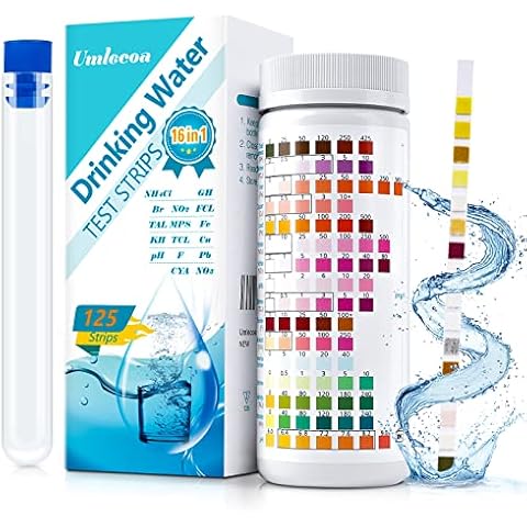 Umlecoa 16 in 1 Premium Water Test Kit - 125 Home Water Quality Test Strips for Well and Tap Test Kit - Testing for pH, Hardness, Chlorine, Lead, Iron, Copper, Nitrate, Nitrite, etc Cover