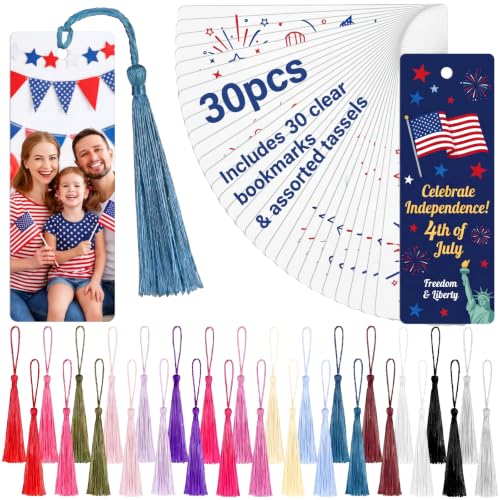 Fumete 30 Pcs Sublimation Blank Bookmark 5.5x2 Heat Transfer Metal Aluminum Bookmarks Bulk with Hole Colorful Tassels for Birthday Wedding Crafts DIY Gift Personalized Tassels