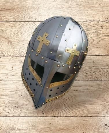Medieval Crusader Spectacle Helmet, 18 Gauge Steel, Full Size Adult Costume Armor with Brass Cross