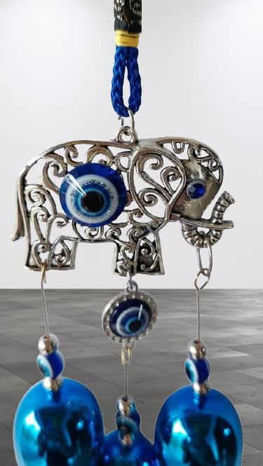 Image of Evil Eye Wind Chime 3 Bells Blue Elephant Wall Hanging for Home & Office Protection Brings Positive Vibes & Removes Negative Energy for Car Hanging Evil Eye