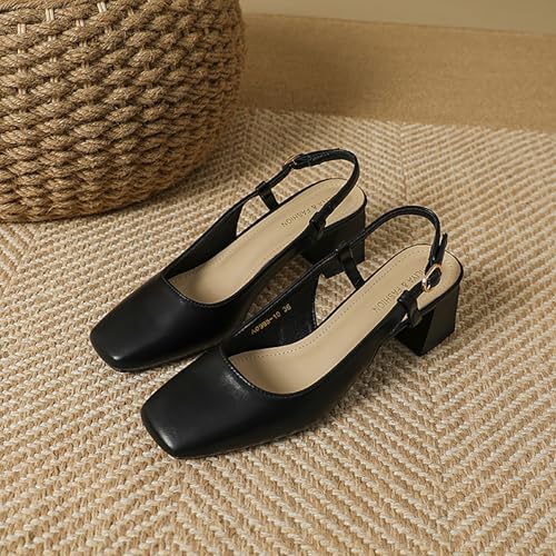 Women's Leather Slingback Chunky Heels Pumps Comfortable Square Closed Toe Buckle Slip On Block Heel Party Office Work Dress Heels 2.6"2