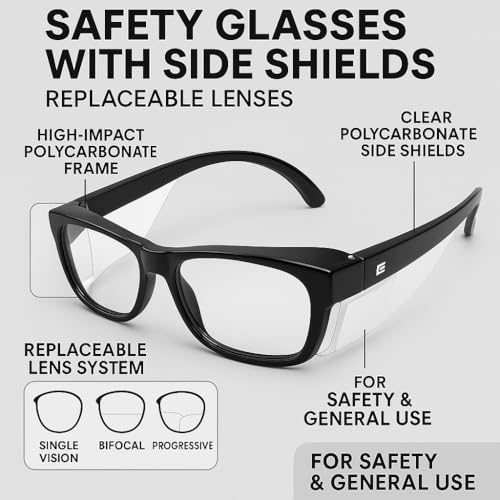 Image of FAMOUS Prescription Safety Eyeglass Frames with Clear Side Shield Replaceable Lens Single Vision, Bifocal & Progressive Lens Support TPU & Polycarbonate Impact-Resistant Frame Industrial & Daily Use