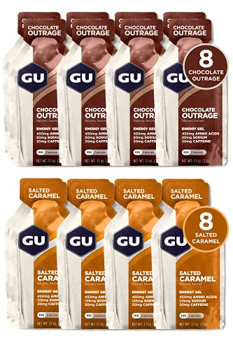 GU Energy Original Sports Nutrition Variety Pack: 8 Chocolate Outrage + 8 Salted Caramel (16 Packets Total)