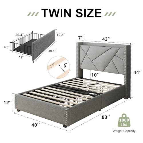 Feonase Upholstered Storage Bed Frame Twin Size with 4 Drawers, Platform Bed with Charging Station & Wingback Headboard, Solid Wood Slats Support, Light Gray