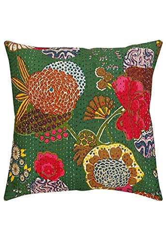 Image of Cotton Kantha Embroidery Cushion Cover (16x16-inches) (Set of 1, Green)
