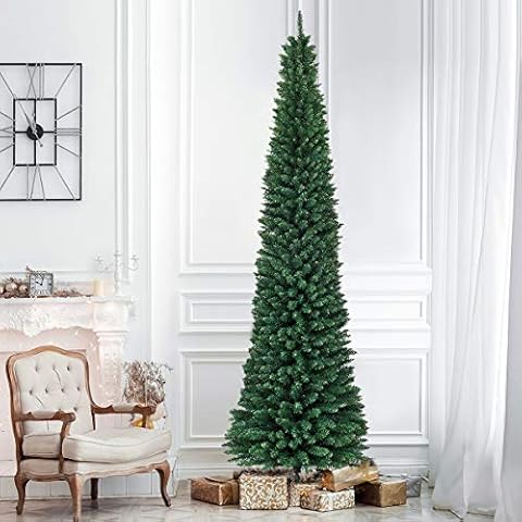 BestComfort 5ft/6ft/7ft/8ft/9ft Artificial Pencil Christmas Tree, Unlit Hinged Slim Skinny Tree with 220/400/700/1000/1500 Branch Tips and Metal Stand, 9FT Holiday Xmas Tree Indoor Outdoor Cover